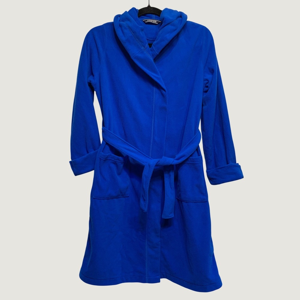 Lands End Fleece Hooded Robe 12 Royal Blue Plush Belted Loungewear Bathrobe